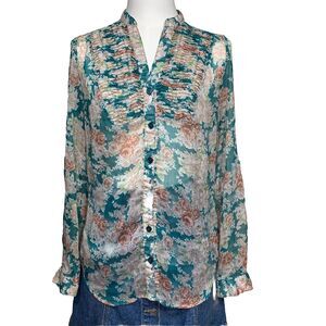 Twentyone Women’s Sheer Floral Button-Up Blouse Size S Ruffle Detail Lightweight